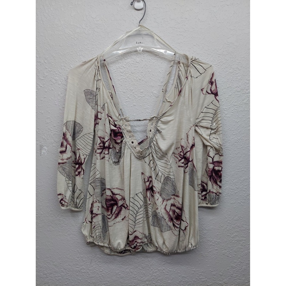 Free People Tea Combo Blouse Womens Large Lace Split Cold Shoulder Floral Rose